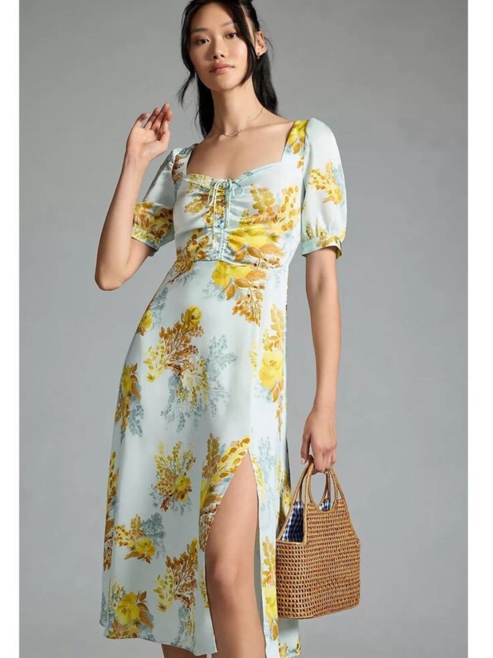 Favorite Daughter Floral Puff-Sleeve Midi Dress in Pale Blue and Yellow- size 12